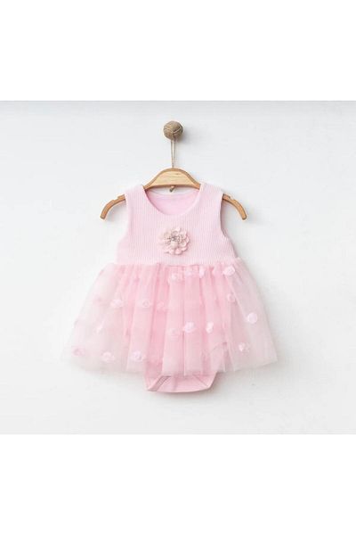 XORVİO Girl's Pink Rose Pattern Tulle Snap Fastener Bodysuit Dress Summer Cotton Evening Dress Wedding Dress Gift Stylish