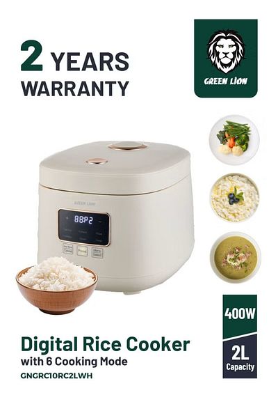 Green Lion GRC-10 Digital Rice Cooker, Easy to Clean, Touch Control, Keep Warm Mode, Exhaust Vent,2L