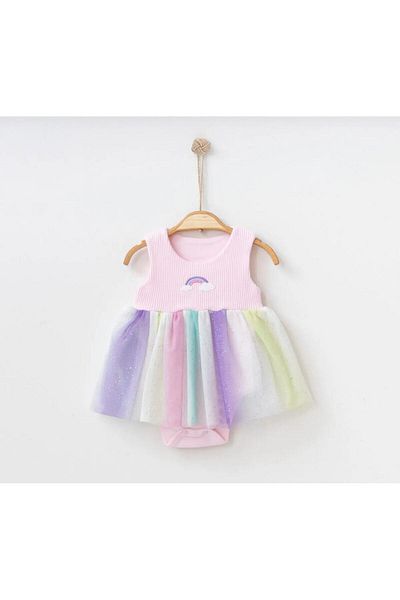XORVİO Girl's Pink Rainbow Pattern Tulle Snap Fastener Bodysuit Dress Summer Cotton Evening Dress Wedding Dress Gift Stylish