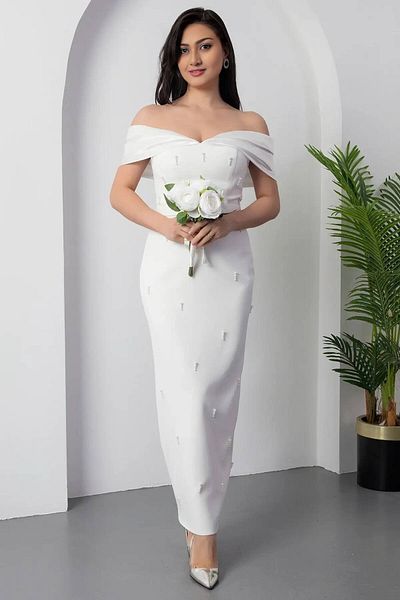 ZISHAN Luxurious Black Evening Dress – Stone Embroidered Off-The-Shoulder Pencil Dress Special Event Elegance 405