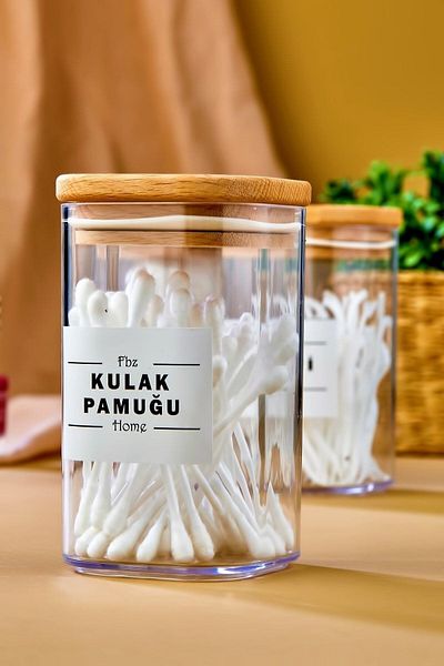 Carat Home Organizator decorativ din bumbac pentru urechi cu capac din lemn Recipient de depozitare acrilic de 250 ml