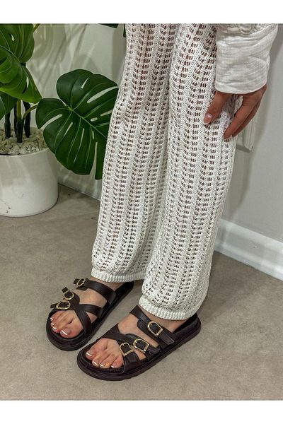 ERVANIN BUTİĞİ Brown Skin (Ceor) Women's Slippers with Belt Detail