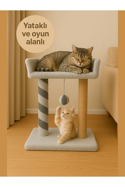 Komano Pontika Plush Textured Soft 2-Tier Bed-Cat Scratching Post with Playpen 55cm Vibrant and Loved Color