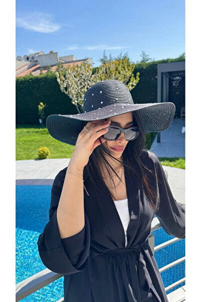 FELLMENS Crni Sa kamenim vezom široki slamnati ženski šešir