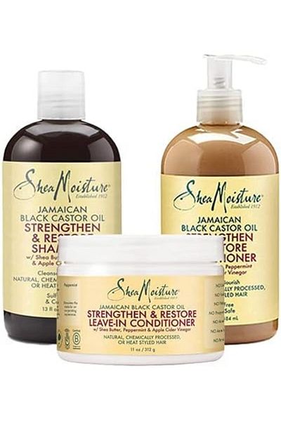 Shea Moisture Jamaican Black Castor Oil Combo - Strengthen, Grow & Restore Shampoo, Conditioner, Lea