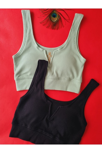 Demirsa Boutique Modelled, 2 Pieces Green and Black Color Corded Combed Cotton Camisole Women's Bustier with Pads