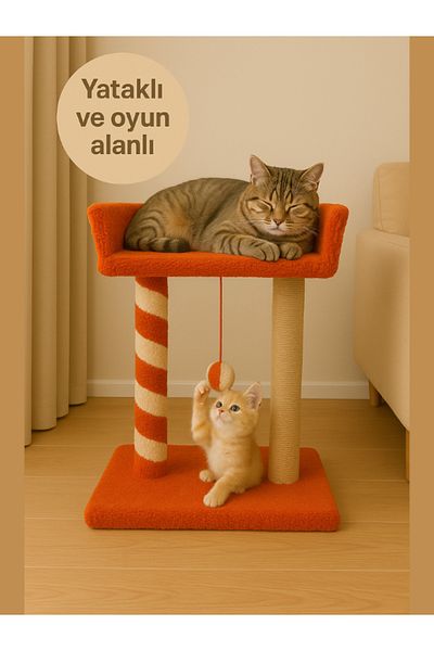 Komano Pontika Plush Textured Soft 2-Tier Bed-Cat Scratching Post with Playpen 55cm Vibrant and Loved Color