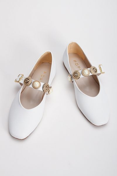 MİSS AMORE Girl's White Pearl Stone Detailed Graduation Wedding Birthday Daily Buckle Ballerinas