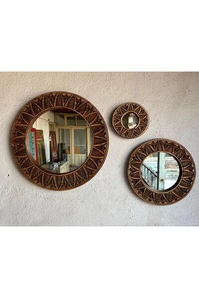 Home Ahşap Oyma Üçlü Yuvarlak Ayna Seti