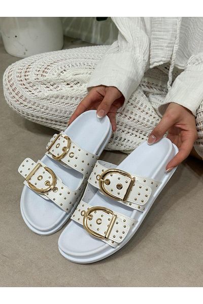 ERVANIN BUTİĞİ White Skin (Sorel) Double Buckle Troc Detailed Women's Slippers