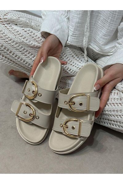 ERVANIN BUTİĞİ Beige Skin (Keira) Double Buckle Women's Slippers