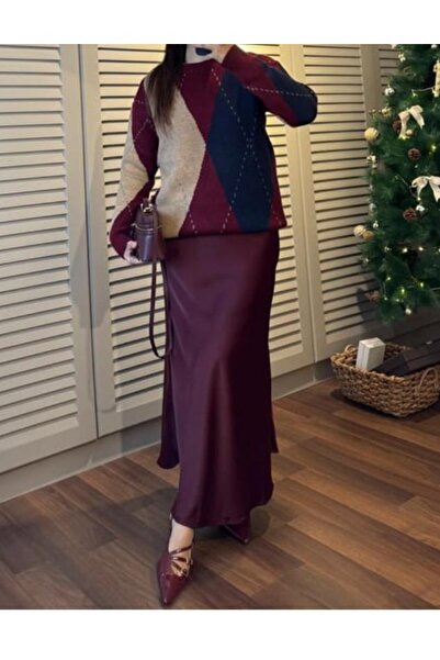 Selence Beli Lastikli Saten Etek Bordo