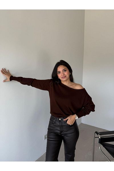 Bade Butik Кафява плетена блуза с яка тип „лодка“