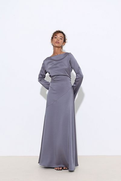 Mozto Calista Back Tie Bias Cut Long Sleeve Anthracite Satin Dress