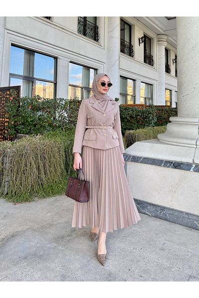 CLASSY.MODA Two Sets-Gold Belt - Button Blazer Jacket and Pleated Long Skirt Set