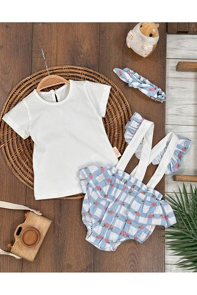 tiwitibaby Plaid Pattern Strawberry Printed Bandana Badili Summer Baby Girl Jumpsuit with Snaps at the Bottom
