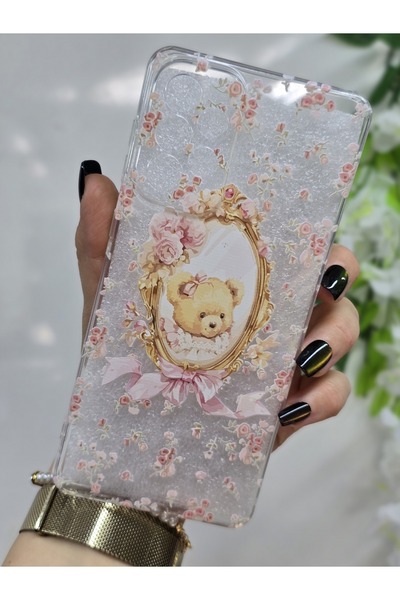 Samsung Galaxy A53 Compatible Cute Teddy Bear and Flower Pattern Transparent Phone Case