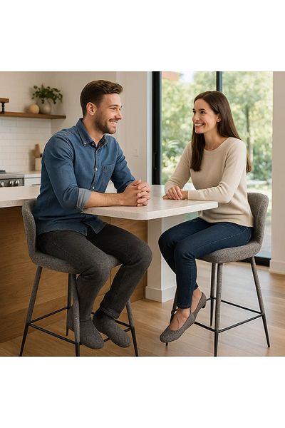 MARIA HOMES Modern Upholstered Bar Stool with Backrest and Black Metal Legs – Grey Fabric Finish