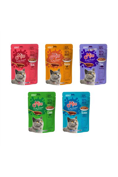MİO Wet Cat Food❤️ Adult Mio Cats, 5 Cat Sachets 100g⭕ Premium Salmon, Chicken, Lamb, Veal, Tuna,