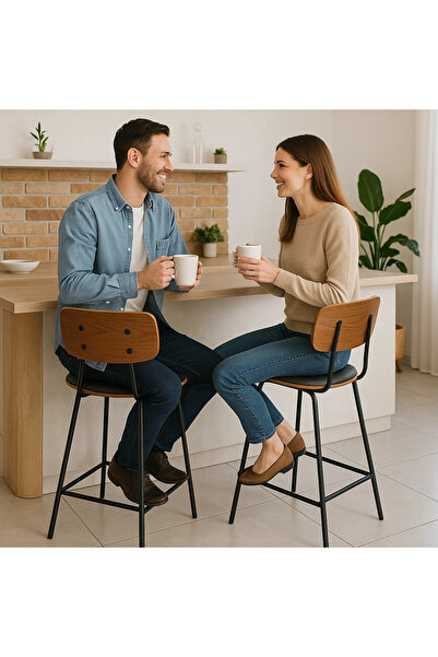 MARIA HOMES Mid-Century Modern Bar Stool with Wooden Backrest and Black Metal Legs – Stylish Seating Solution