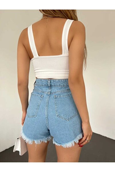 Zeliza Moda Evi Lazer Yırtık Detaylı Mini Kadın Kot Denim Şort