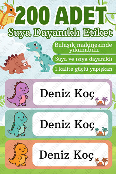 sanatıbedi 200 Adet Suya Dayanıklı Dinozor Okul Etiketi - Kalem Defter Suluk ...