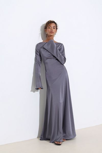 Mozto Calista Back Tie Bias Cut Long Sleeve Anthracite Satin Dress