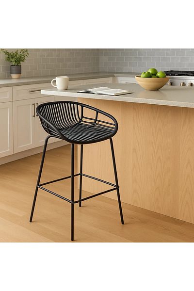 MARIA HOMES Black Rattan-Style Bar Stool with Metal Legs – Modern High Chair for Indoor or Outdoor Use