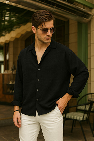 SKYBEAR Yazlık Keten Bol Kalıp Uzun Kollu Dokulu Oversize Siyah Erkek Gömlek
