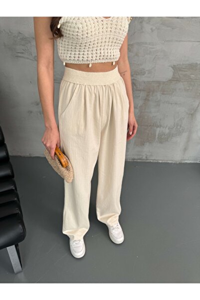 EYBUTİK Taş Beli Örgülü Palazzo Pantolon