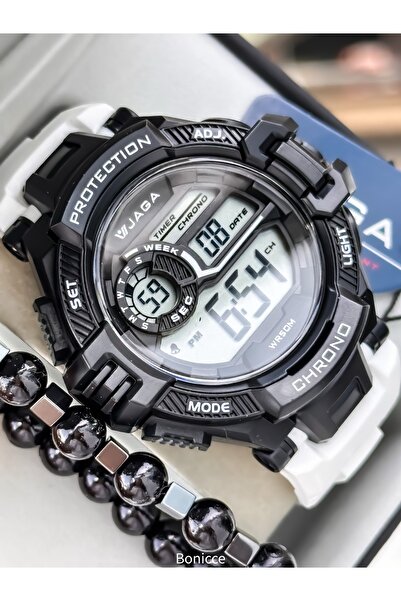 Jaga 50 MM Havuz Deniz Kullanım,Işıklı,Takvimli,Kronometreli Beyaz Silikon Dijital SPOR Erkek Kol Saatii