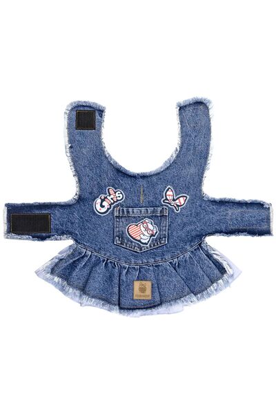 fouramour Mavi Etekli Koyu Kar Yıkama Denim Köpek Elbisesi "Girls"