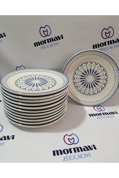 Güral Güral Porcelain Digibone - 20 cm Blue and White, 12 Piece Cake Plates