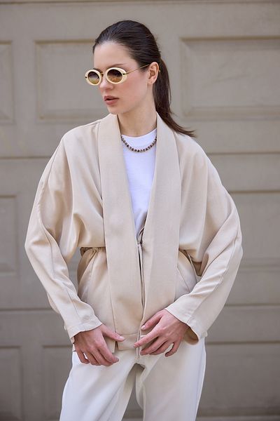 Birgül Bektaş Beige Striped Kimono