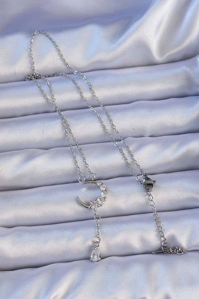 Skygo 316L Steel Silver Color Zircon Stone Dangle Moon Figure Necklace - Tj-Bko9204