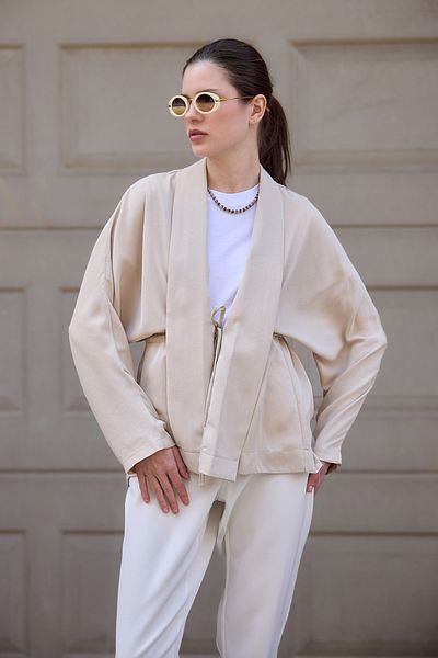 Birgül Bektaş Beige Striped Kimono