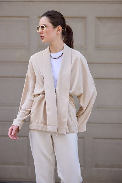 Birgül Bektaş Beige Striped Kimono