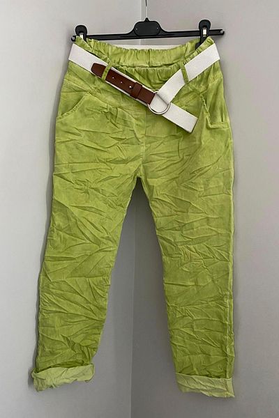 AYASOFYA OTANTIK Women's Italian Pistachio Green Elastic Waist Plain Pattern Belted Lycra Skinny Leg Trousers