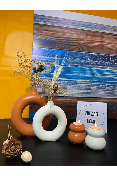 Zigzag Home Decorative 2 Piece Ring Vase and 2 Piece Candle Holder 4 Piece Orange Beige Set Bohemian