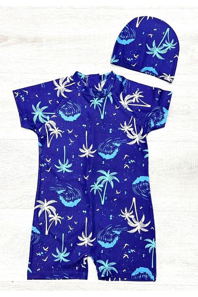 Bebetopya Tropical Island Pattern Short Sleeve Kids Baby Romper Swimsuit and Cap Set