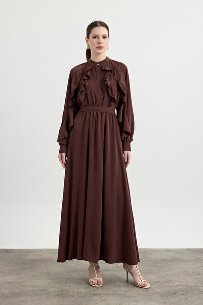 Birgül Bektaş Kahverengi Volanlı Royal Elbise