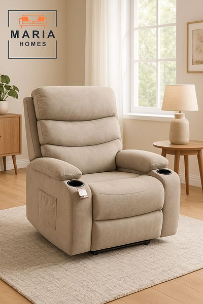 MARIA HOMES Premium Fabric Recliner Chair with Cup Holders – Modern Grey Comfort Lounge Seat