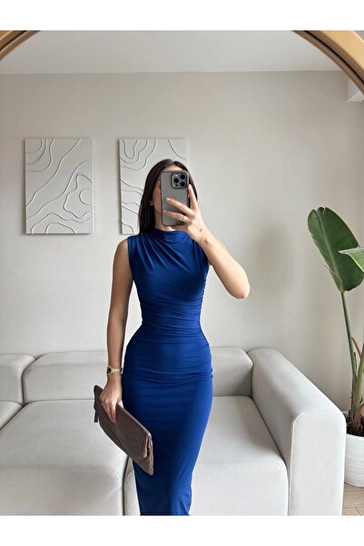 Zoom Butik Arka Yırtmaç Drapeli Elbise - SAKS MAVİSİ