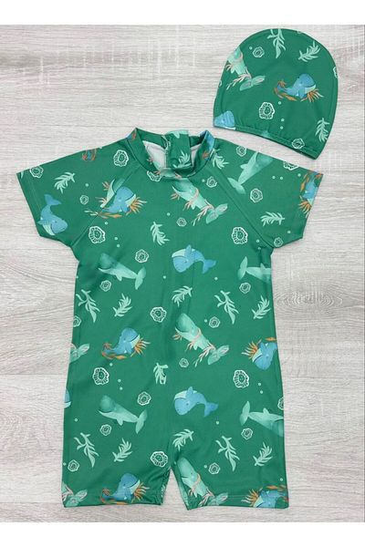 Bebetopya Whale Pattern Short Sleeve Kids Baby Swimsuit Set Sun Protection Bonnet Swimsuit Set