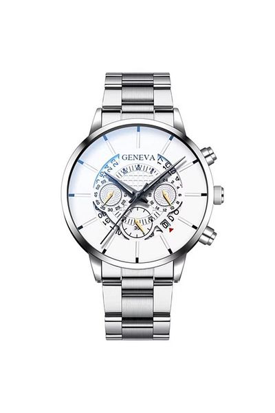 REDz Accessories Quantum Geneva Watch, Men's, Calendar, Classic Strap, Metal, Silver and White