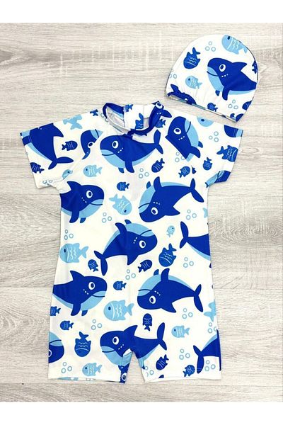 Bebetopya Baby Shark Pattern Short Sleeve Kids Baby Romper Swimsuit and Cap Set