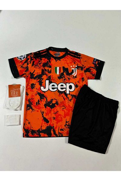 DAYIBALI DÜKKAN Dayibali Juv Cristiano Ronaldo 2020/21 Season Orange Black Short Sleeve Away Kids Kit Set of 4