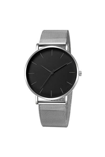 REDz Accessories Ceas ultrasubțire, oțel inoxidabil, cadran negru, argintiu