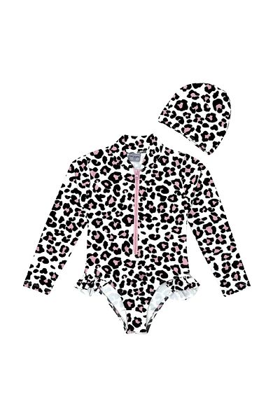 Bebetopya Leopard Patterned Baby Girl Swimsuit and Bonnet Set with Front Zipper