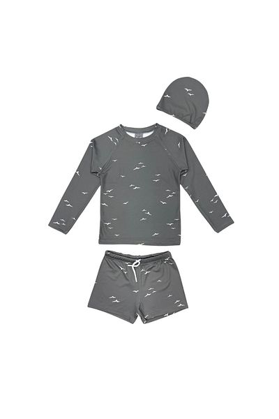 Bebetopya Seagull Patterned Long Sleeve Kids Baby Swimsuit Shorts and Cap Set